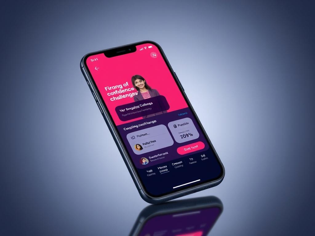 A realistic high-resolution image of a smartphone displaying the Confidence Coach App interface, featuring a vibrant 3D avatar and engaging challenges. The background should be minimalist, focusing on the phone and app graphics, with clean lines and bold colors.