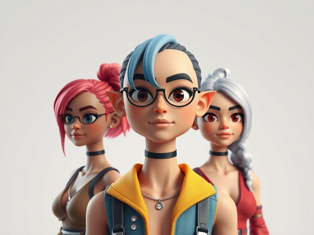 A realistic high-resolution image of a 3D avatar on a digital platform, showcasing diverse customization options like hairstyles and outfits. The background should be minimalistic, highlighting the avatar's features and vibrant colors.