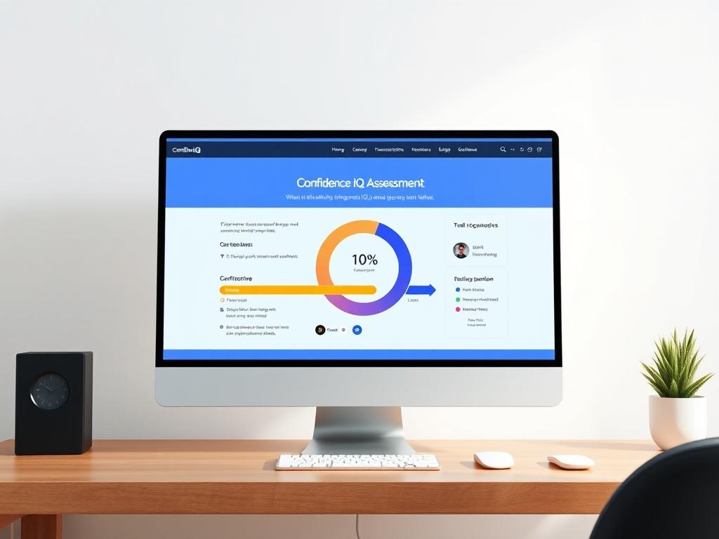 A realistic high-resolution image of a computer screen displaying the Confidence IQ Assessment interface, with engaging visuals and a progress bar. The background should be simple and clean, emphasizing the assessment tool.