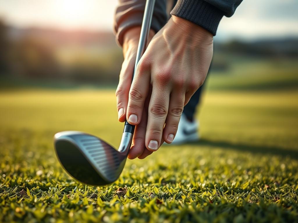 A close up shot of a golfer's hands gripping a