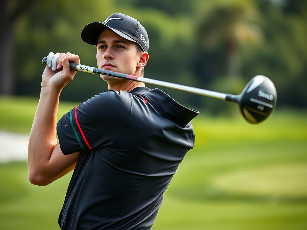 A high resolution image of a golfer mid swing, captured