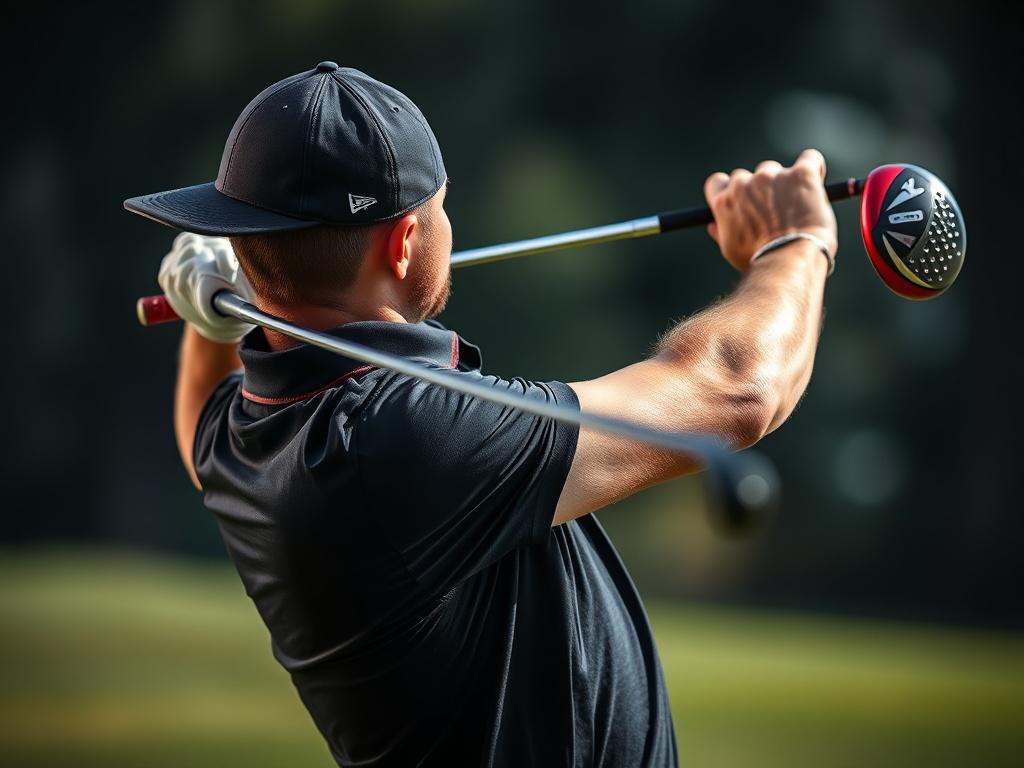 A close up shot of a golfer mid swing, showcasing