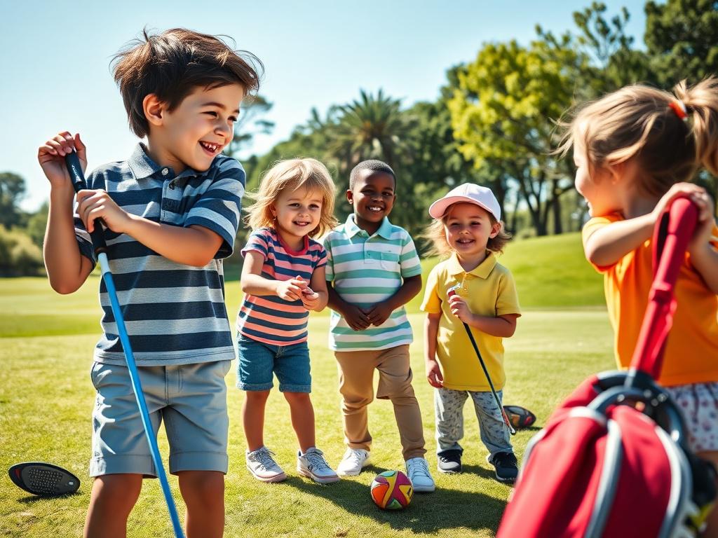 A joyful scene of young children practicing golf swings on