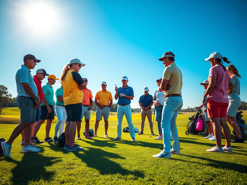 A vibrant scene of a diverse group of golfers participating