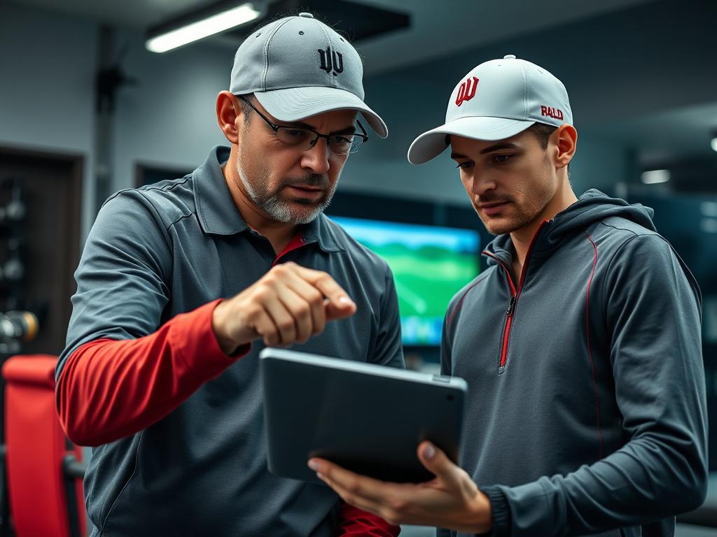 An intense moment of a golf coach working closely with