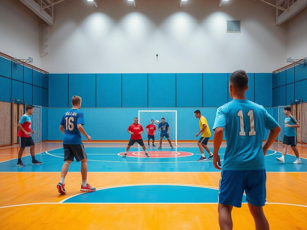 A vibrant image of a handball court with players training,