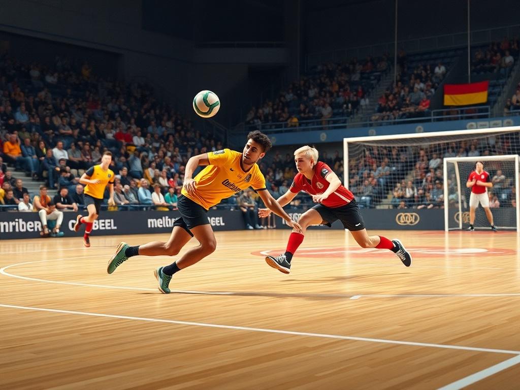 An action packed handball match in Germany, showcasing intense competition,