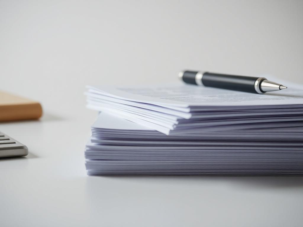 A close-up view of a clean, minimalist desk with a neatly arranged stack of legal documents and a pen placed on top. The background is softly blurred to emphasize the documents, creating a professional and focused atmosphere. The color palette consists of simple, neutral tones that complement the primary color rgb(122, 86, 4), ensuring a cohesive and calming visual experience.