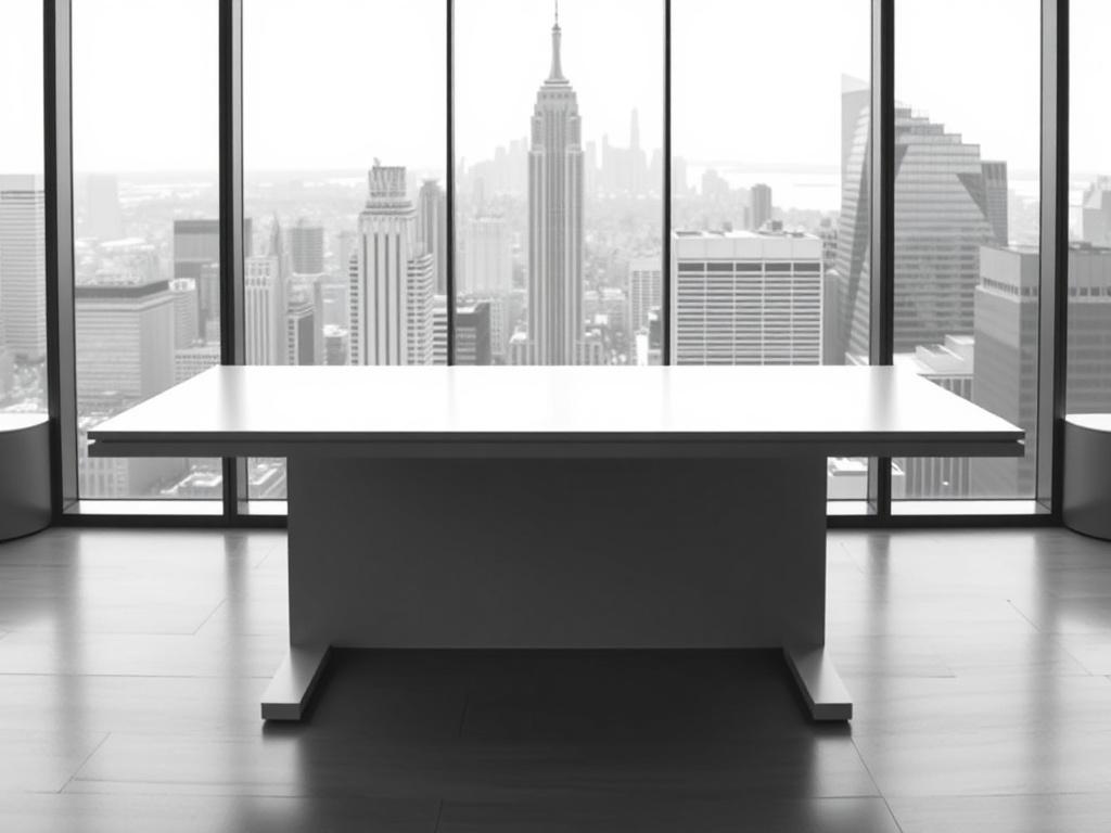 A sleek and modern office desk with a high-resolution black and white rendering. The desk is empty, symbolizing a blank canvas for strategy development. In the background, a large window reveals a city skyline, reflecting the dynamic nature of the U.S. market. The composition should be clean and professional, emphasizing a sense of clarity and focus.