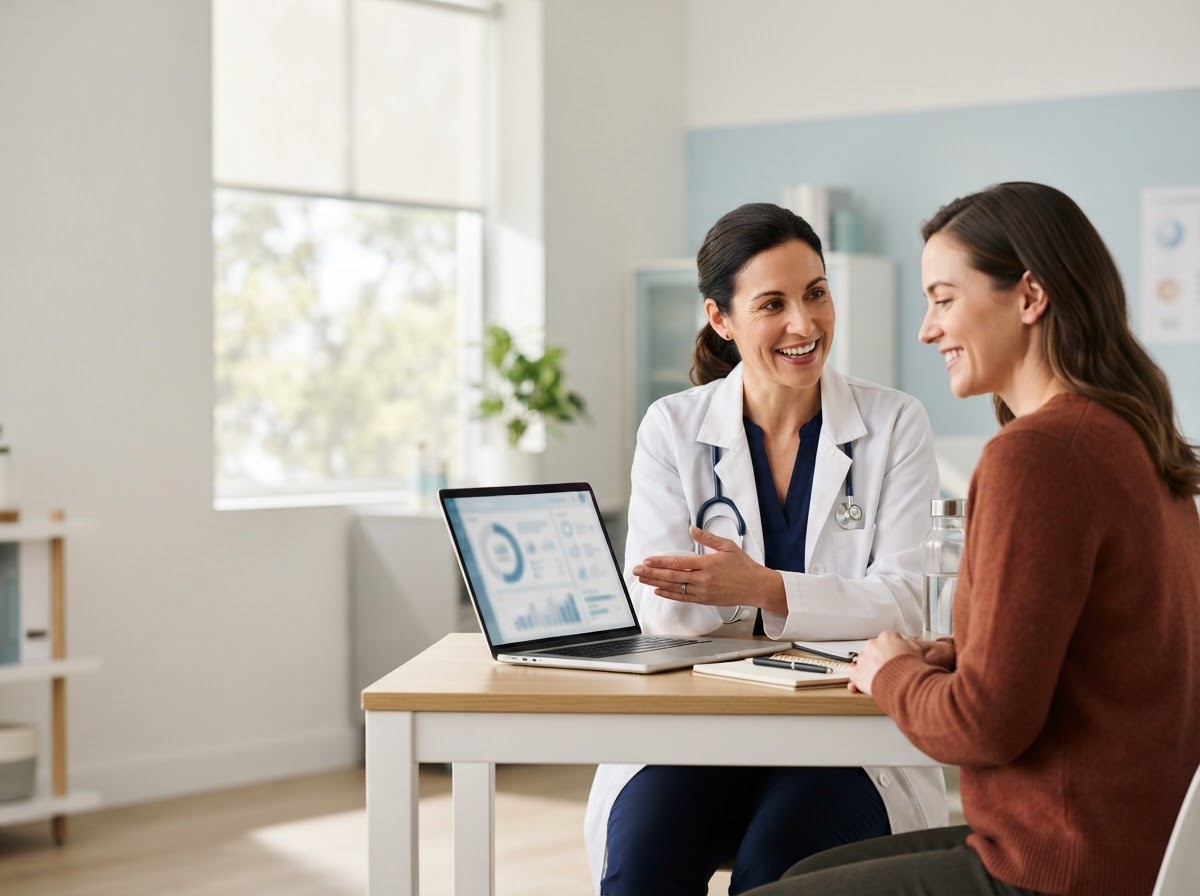 A physician and patient discussing care beside a laptop in a bright clinic