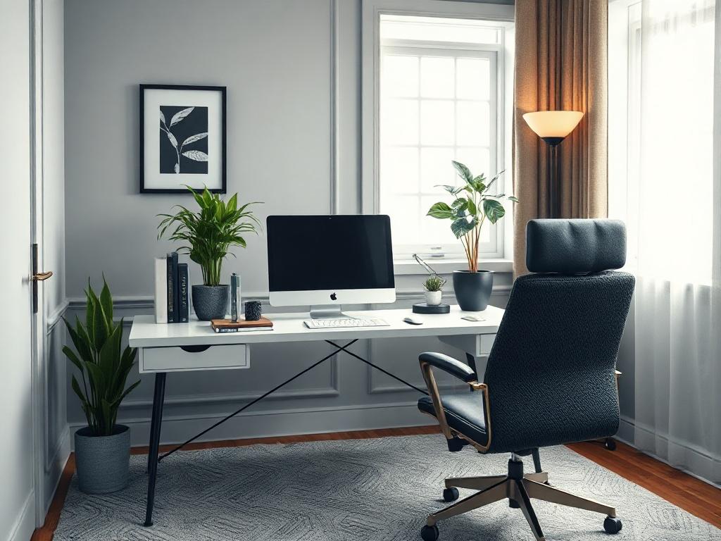 A stylish private office featuring a modern desk with a
