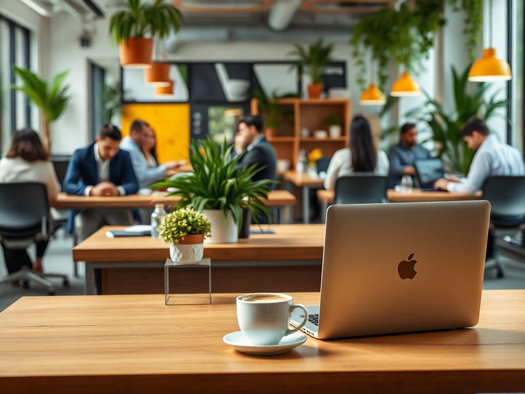 A modern co working space with a vibrant atmosphere, filled