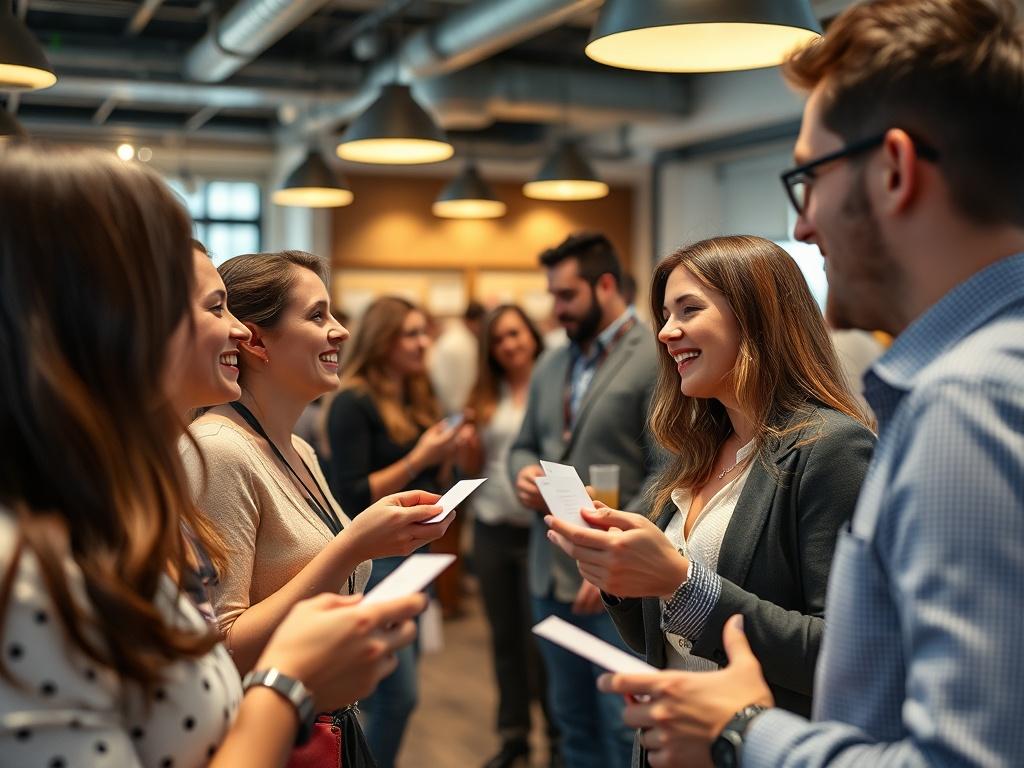 A close up shot of a lively networking event, with