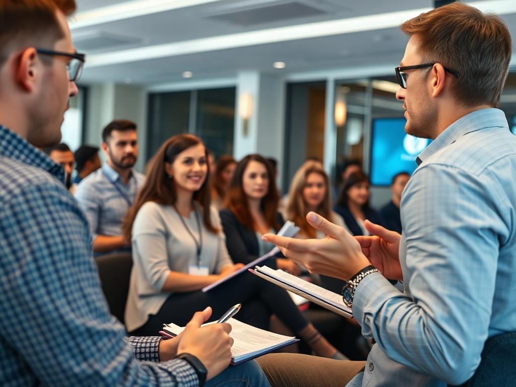 A close up shot of a marketing expert speaking to
