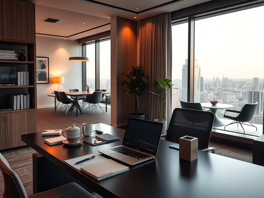 A stylish private office featuring contemporary furnishings and a large