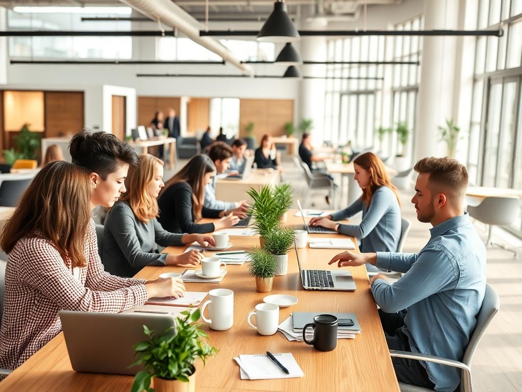 A bright, modern co working space filled with diverse professionals