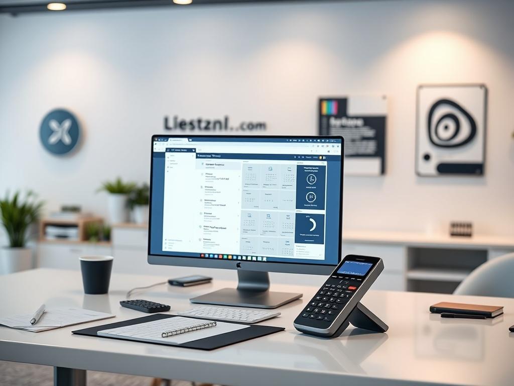 A sleek virtual office setup showcasing a computer, phone, and