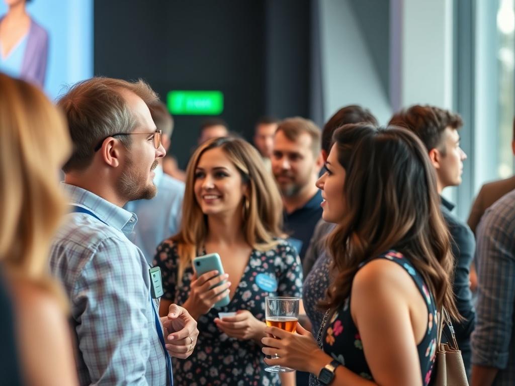 A lively networking event with diverse entrepreneurs engaging and exchanging