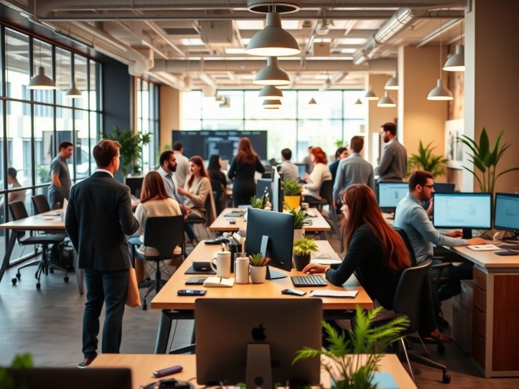 An interior view of a vibrant co working space bustling