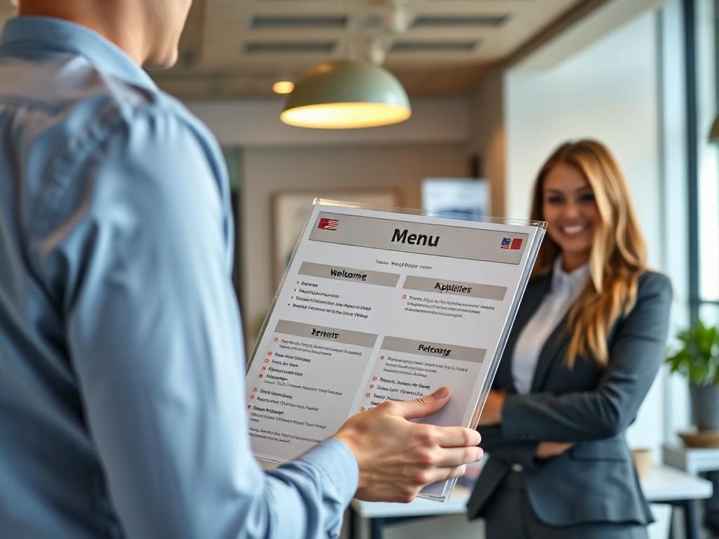 A close up of a team member presenting a service