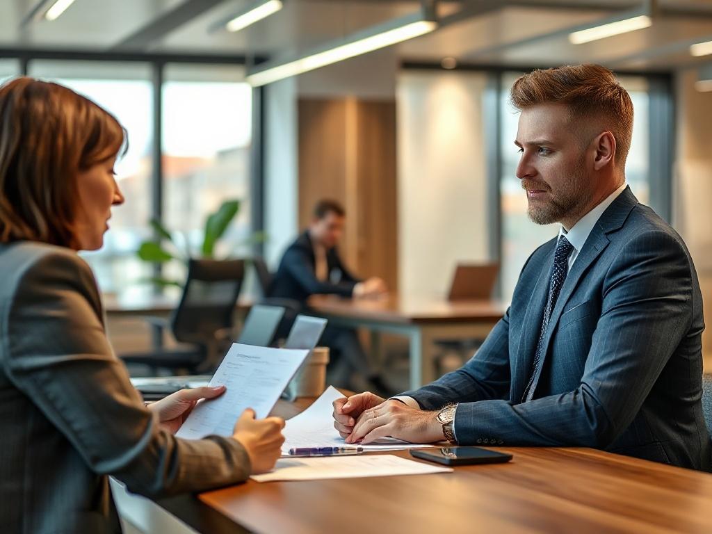 A professional meeting setup with a consultant and entrepreneur discussing