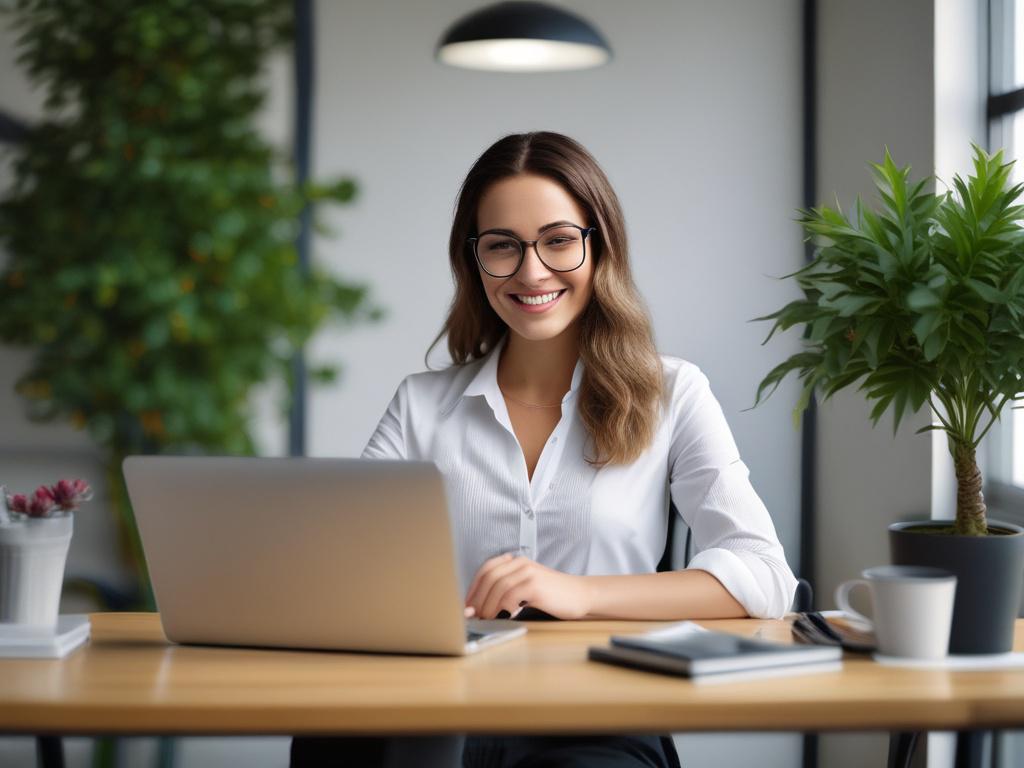 A confident businesswoman, smiling while working on a laptop in a modern office setting. The background features a well-organized workspace with plants and business documents, conveying professionalism and success. The subject should be in focus, showcasing her enthusiasm and dedication to entrepreneurship.