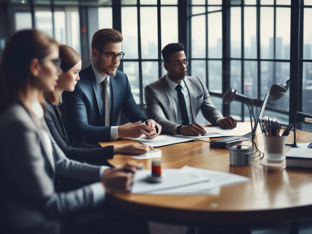 a diverse group of business professionals discussing finances, modern office