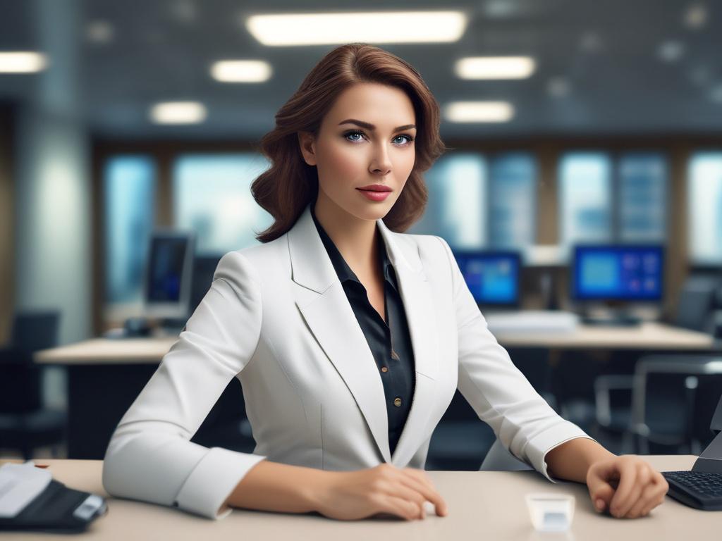 a confident woman in a business environment, showcasing new machinery,
