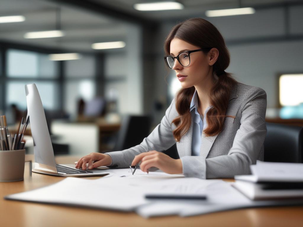 a business owner reviewing financial documents, modern office environment, focus