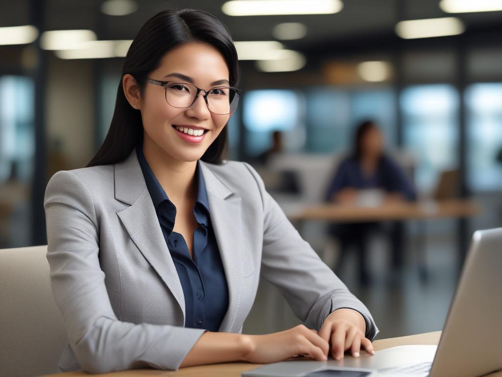 A professional Asian woman with large breasts, confidently discussing business financing options in a modern office setting. She is wearing business attire, with a warm smile, and a laptop open in front of her. The background features a bright, welcoming office environment with soft lighting, conveying a sense of trust and professionalism.