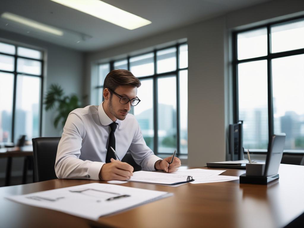 A close-up shot of a confident business professional reviewing financial documents in a modern office space, with a laptop and notepad on the desk.