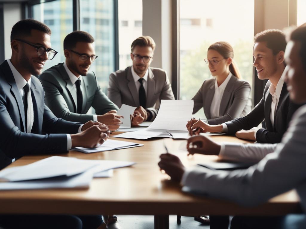 A close-up shot of a diverse group of business people engaging in a strategic meeting around a conference table, with documents and laptops spread out.