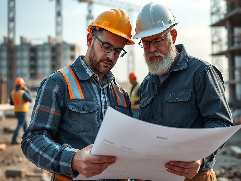 A close up shot of a construction manager reviewing blueprints
