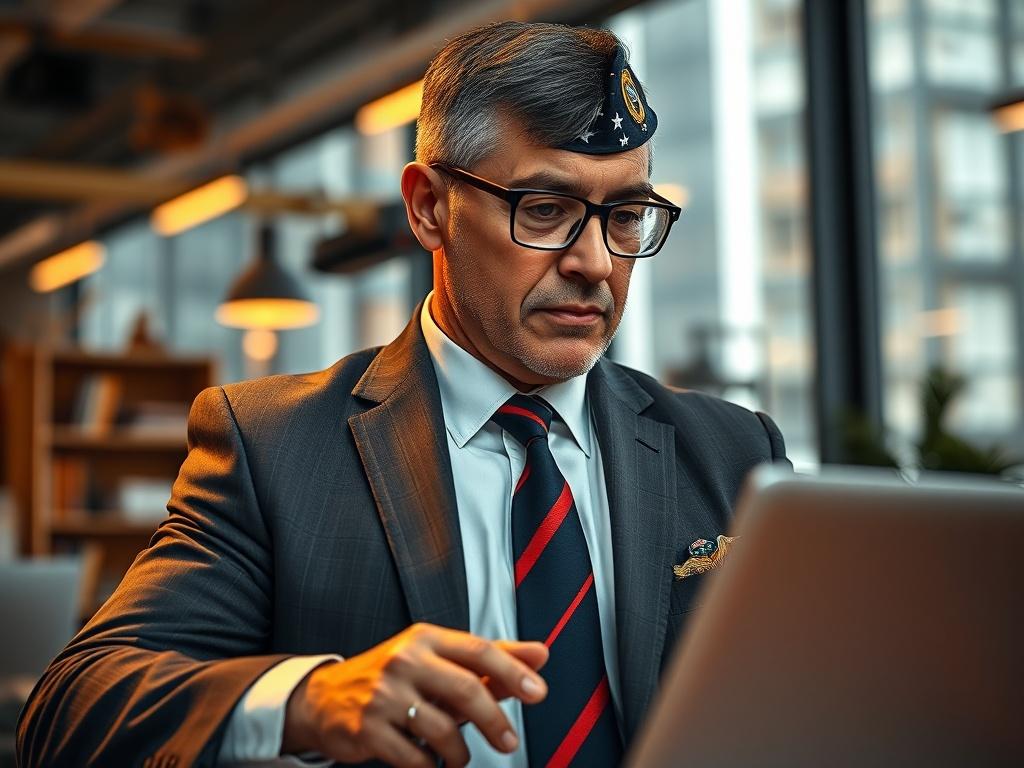 A close-up shot of a military veteran in a business suit, confidently engaging with technology in an office setting. The background features modern office elements, subtly hinting at information technology and construction, while maintaining a professional atmosphere. The lighting is warm and inviting, emphasizing the veteran's determination and professional demeanor. The image should reflect a sense of empowerment and transition, shot in hyper-realistic style using a 45mm f/1.2 lens.