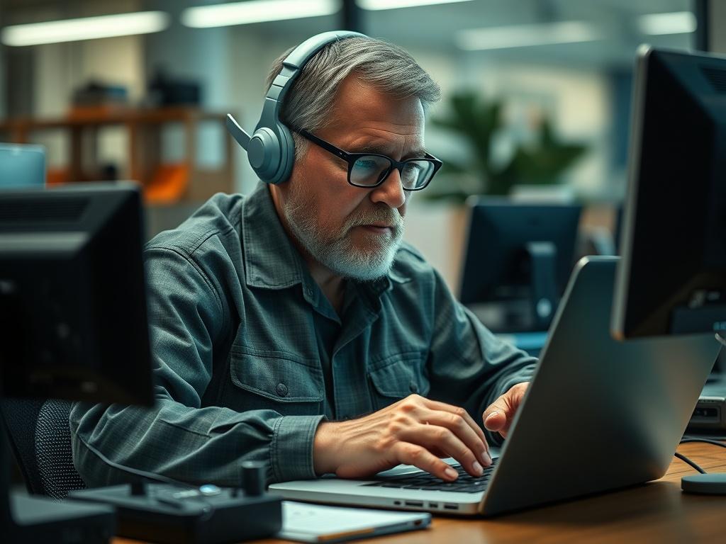 A close-up shot of a veteran working on a laptop, surrounded by high-tech devices. The focus is on the individual's expression of determination and focus. The background is blurred to emphasize the subject, with a hint of modern office setting elements. The color palette includes shades of green to match the RGB(50, 170, 39) primary color.