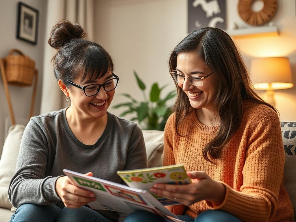 A close-up shot of a speech therapist interacting with a client during a session in a home setting. The therapist uses engaging materials, and the client appears focused and happy. The background is inviting and warm, with soft lighting. Shot with a 45mm f/1.2 lens style.