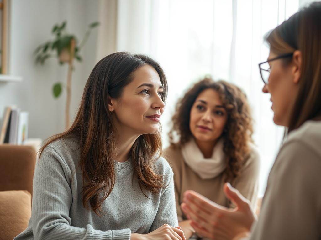 A close-up shot of a therapist and a client discussing in a serene home environment. The client appears engaged and reflective, with a supportive atmosphere around them. The background features soft, calming colors and natural elements. Shot with a 45mm f/1.2 lens style.