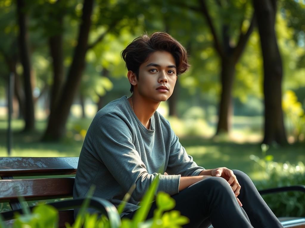 A high-resolution, photorealistic image depicting a young person looking contemplative while sitting on a park bench, surrounded by nature. The background features soft greenery and sunlight filtering through the trees, creating a serene atmosphere. The subject should appear thoughtful, symbolizing the weight of substance abuse and the journey toward recovery. The color palette should be vibrant, focusing on greens and natural tones, with clean lines and minimal distractions.