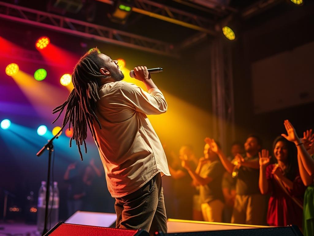 A vibrant scene depicting a reggae musician passionately performing on