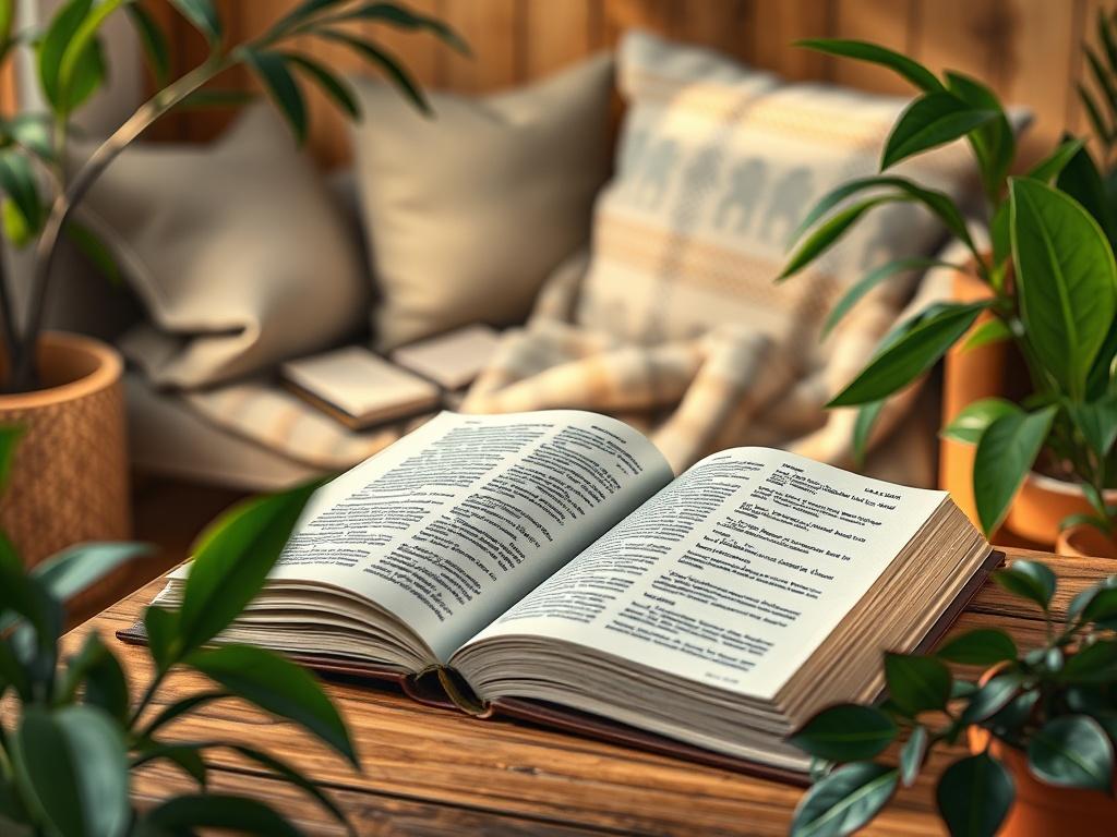 An open book on a wooden table surrounded by plants,