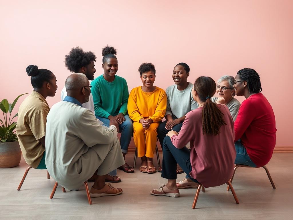 An impactful scene depicting a support group focusing on GBV and substance abuse, diverse participants in a circle sharing experiences, soothing colors.
