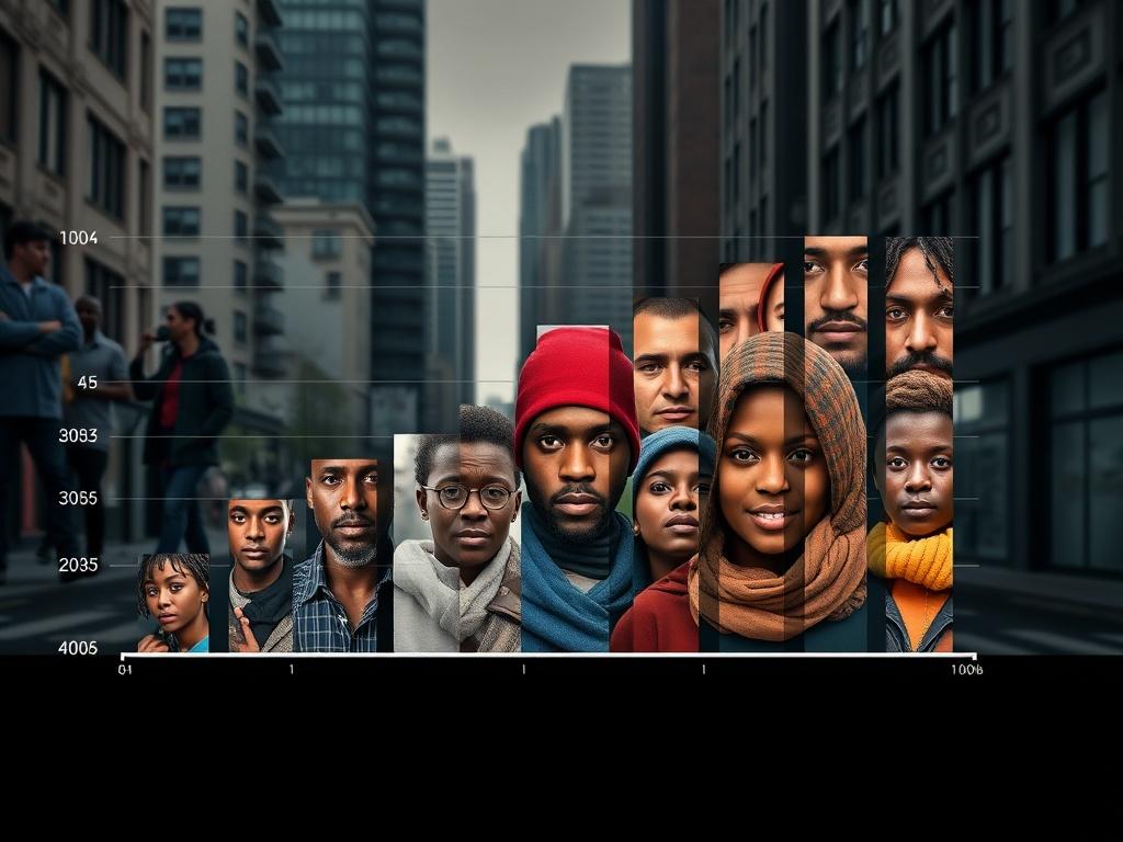 A powerful visual representation of crime statistics, featuring a bar graph overlaying images of community members, set against an urban backdrop.