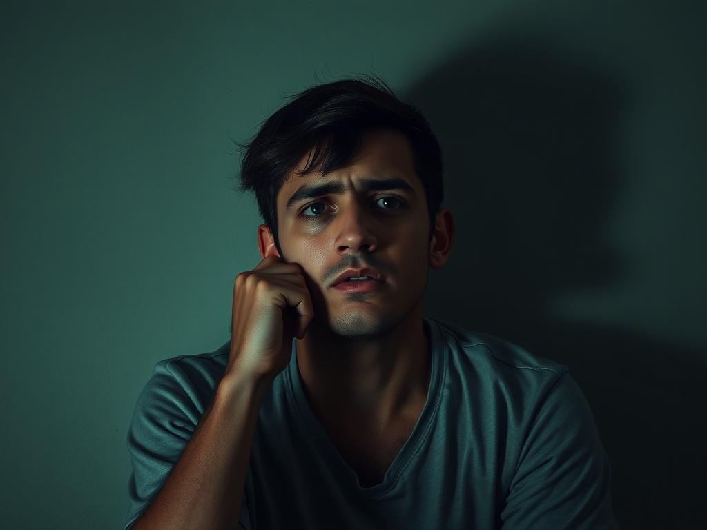 A high-resolution image of a distressed individual contemplating their life choices, surrounded by dark shadows representing the struggles of substance abuse. The background should be minimalistic, focusing on the subject's emotional expression, with bold vibrant colors that contrast the dark tones.