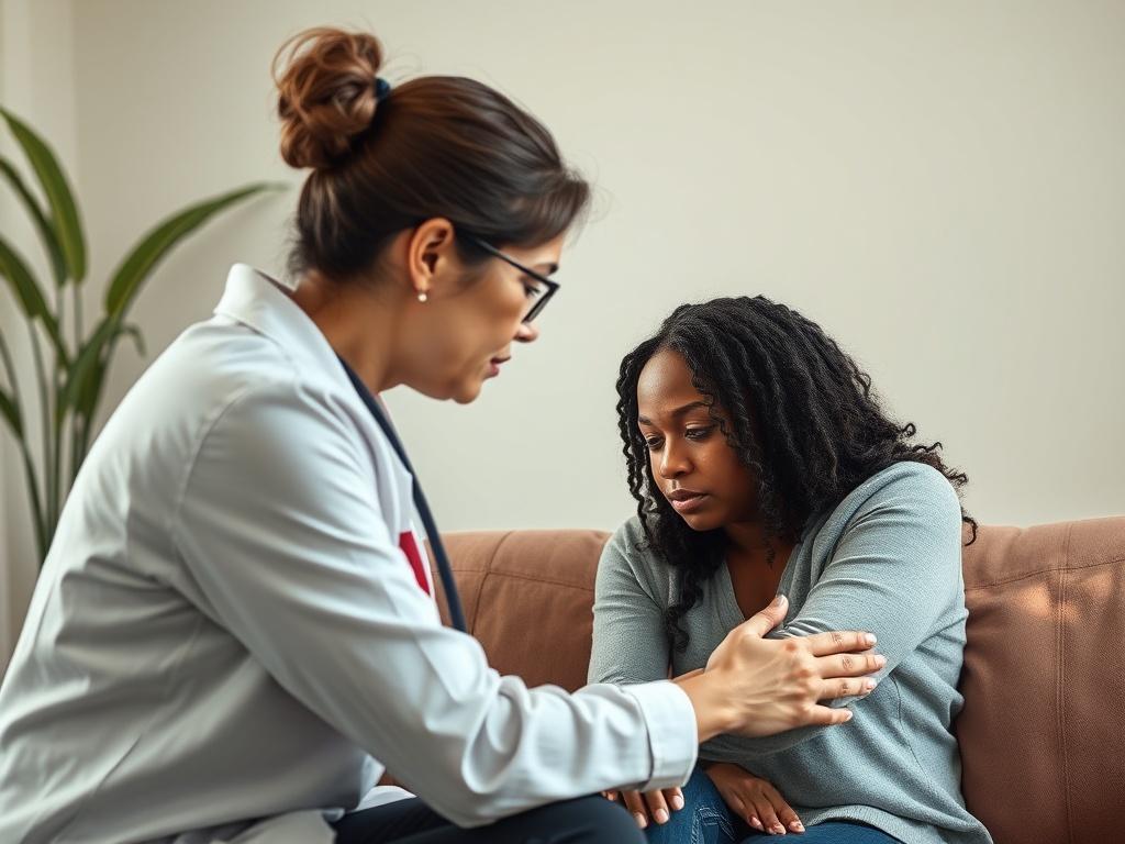 A high-resolution image showing a supportive conversation between a counselor and a woman in distress, symbolizing the intersection of gender-based violence and substance abuse. The background should convey a safe, nurturing environment, emphasizing hope and recovery.