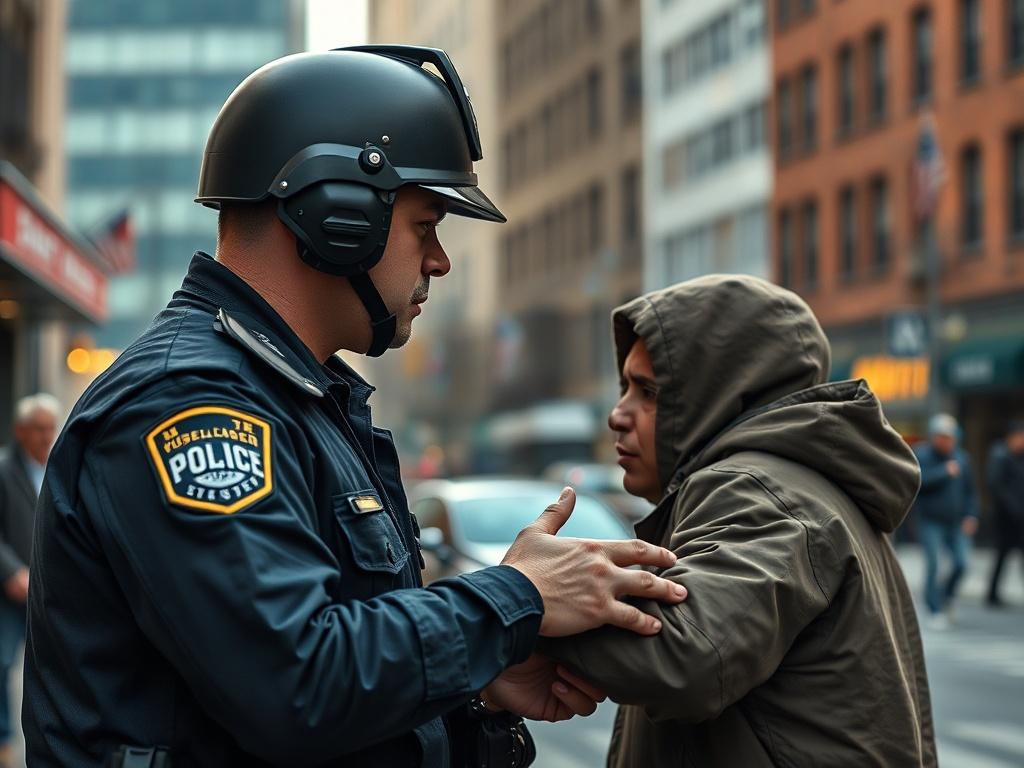 A high-resolution image depicting a police officer engaging with a troubled individual in an urban setting, symbolizing the intersection of substance abuse and crime. The background should include city elements, with a focus on showcasing the impact of addiction on public safety.
