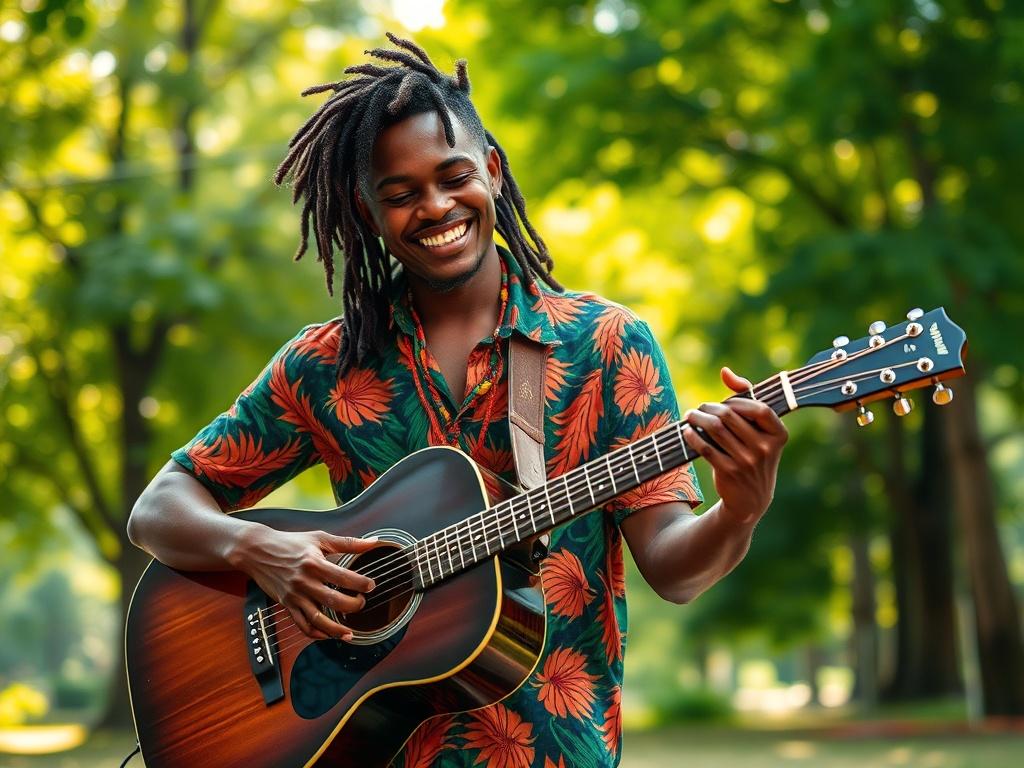 **Prompt for AI Image Generator:**

Generate a realistic high-resolution photo titled "Reggae Rhythm and Recovery". The composition should be simple and clear, focusing on a single subject: a young adult musician with a joyful expression, passionately playing an acoustic guitar. The musician should have medium-length, curly hair adorned with colorful beads, wearing a vibrant, patterned reggae-style shirt that reflects the lively essence of the genre.

The background should be softly blurred to emphasize the