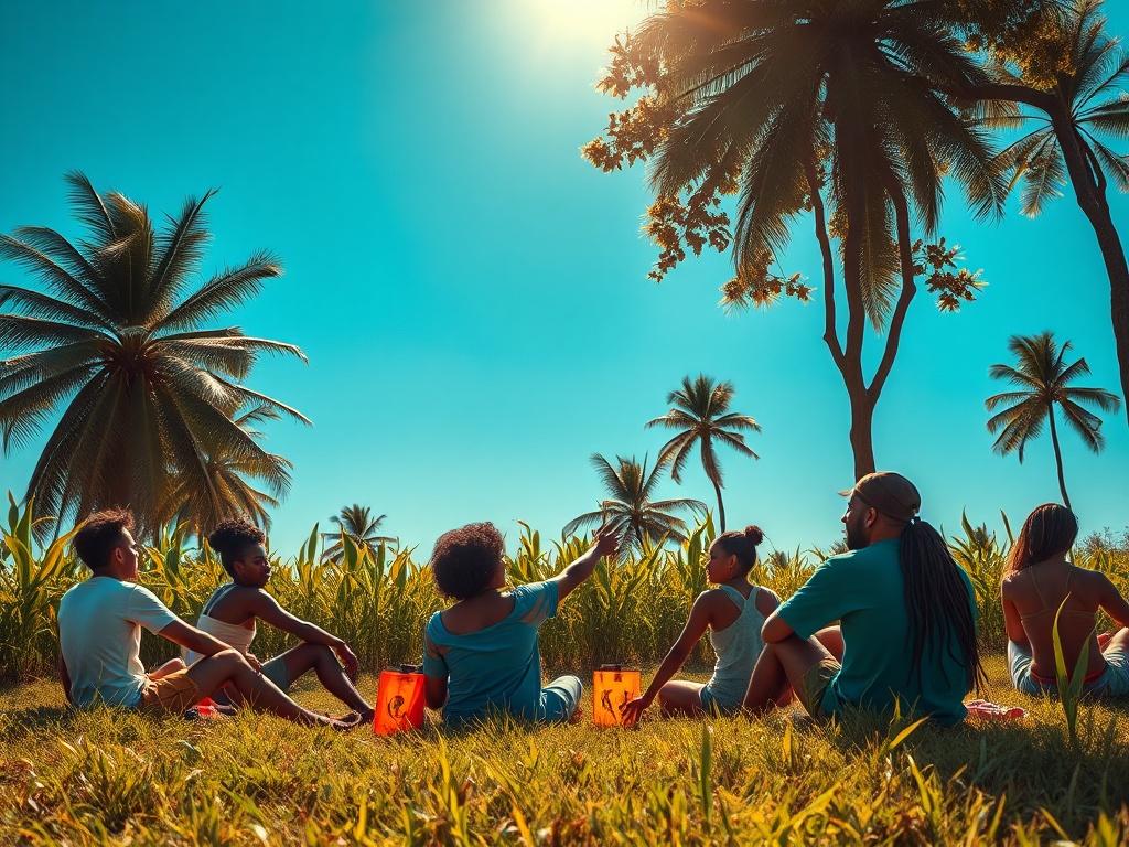 A serene outdoor setting with a group of people sitting on the grass, listening to reggae music, surrounded by trees and plants, bright blue sky, vibrant colors, emphasizing connection and community.