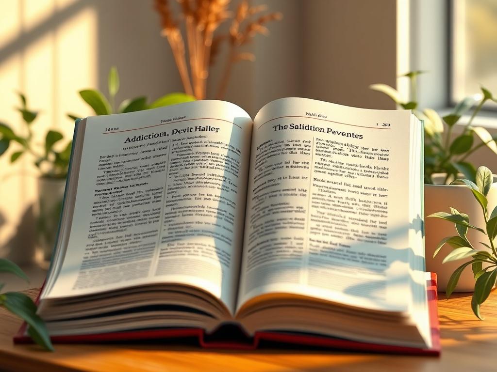 An open book with pages showing various articles about addiction prevention, surrounded by a warm light. The background should be cozy and inviting, with elements of nature like plants to symbolize growth and healing.