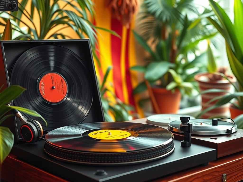 A vibrant and colorful scene featuring vinyl records, a turntable, and headphones, representing reggae music. The background should be lively with tropical plants and a warm, inviting atmosphere, highlighting a sense of community and relaxation.
