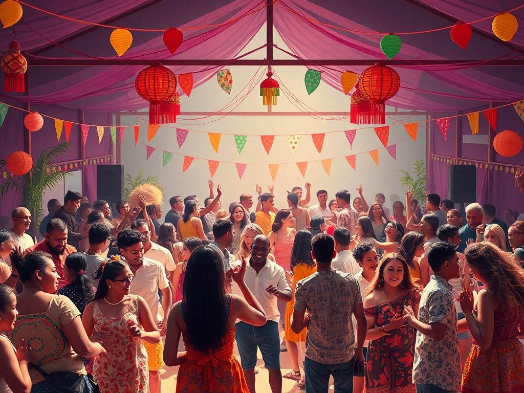 A lively community gathering with people of diverse backgrounds enjoying music, dancing, and participating in workshops. The setting should be vibrant and colorful, with decorations reflecting various cultures and a sense of unity in the air.